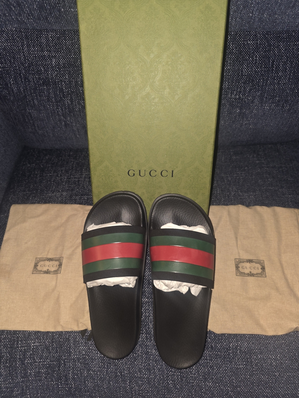 Gucci Men’s Black Slide Sandals with Green and Red Stripe